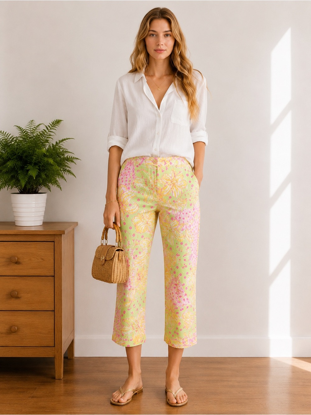 Vintage Lilly Pulitzer Women's Cropped Cotton Print Pants - Yellow & Pink Size 6